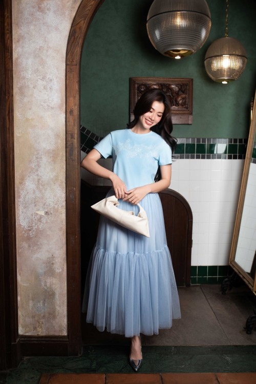 Sixdo Blue Mesh Flared Skirt